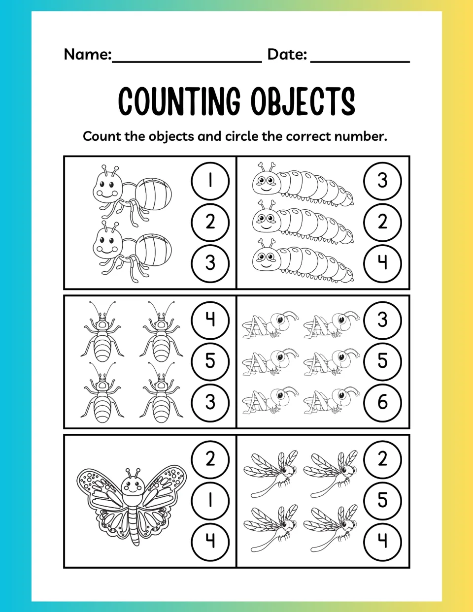 Counting insects: students count ants, caterpillars, beetles, grasshoppers and dragonflies, then circle the total