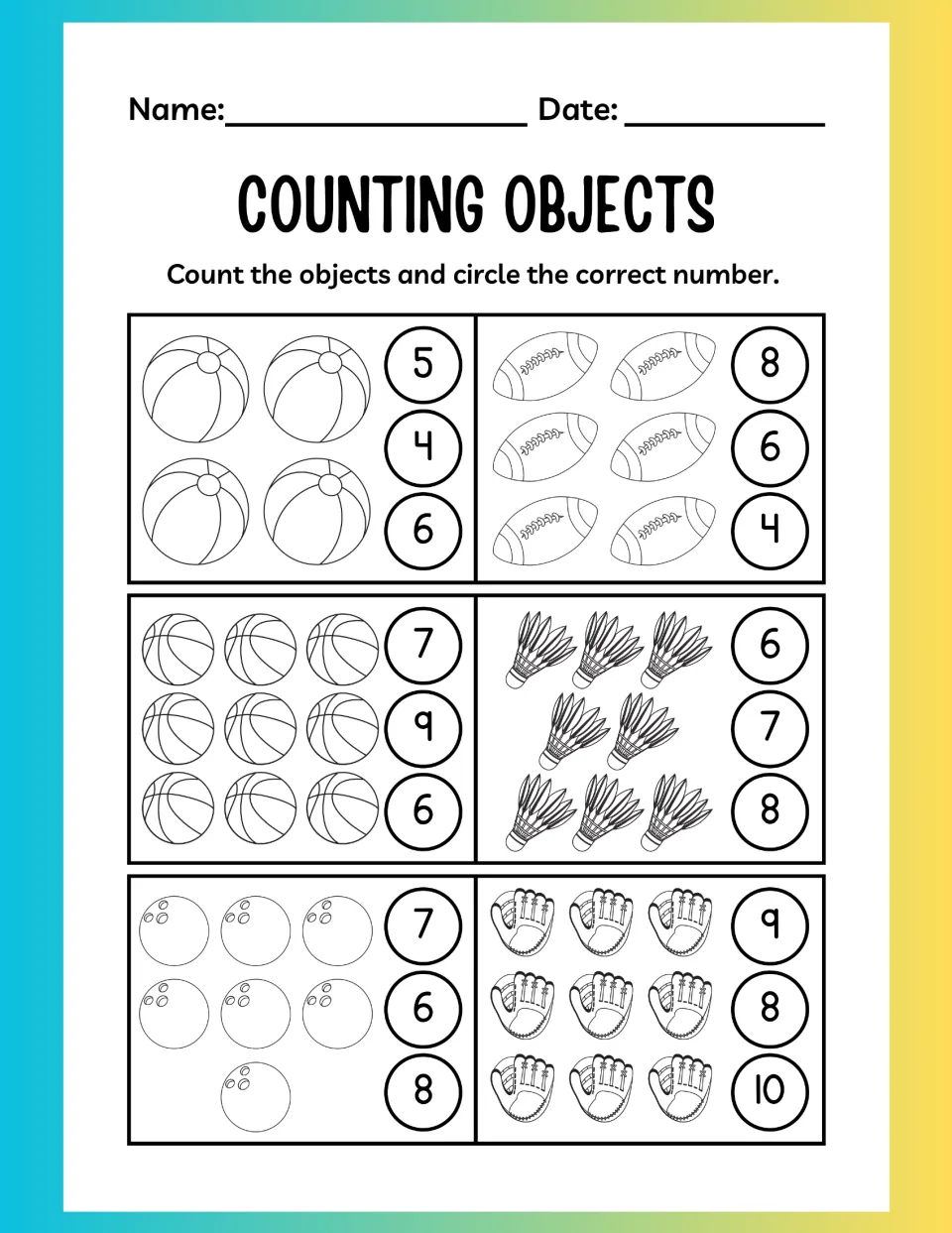 Counting sports gear: students count up to 10 balls, shuttlecocks or mitts in each set and circle the matching number