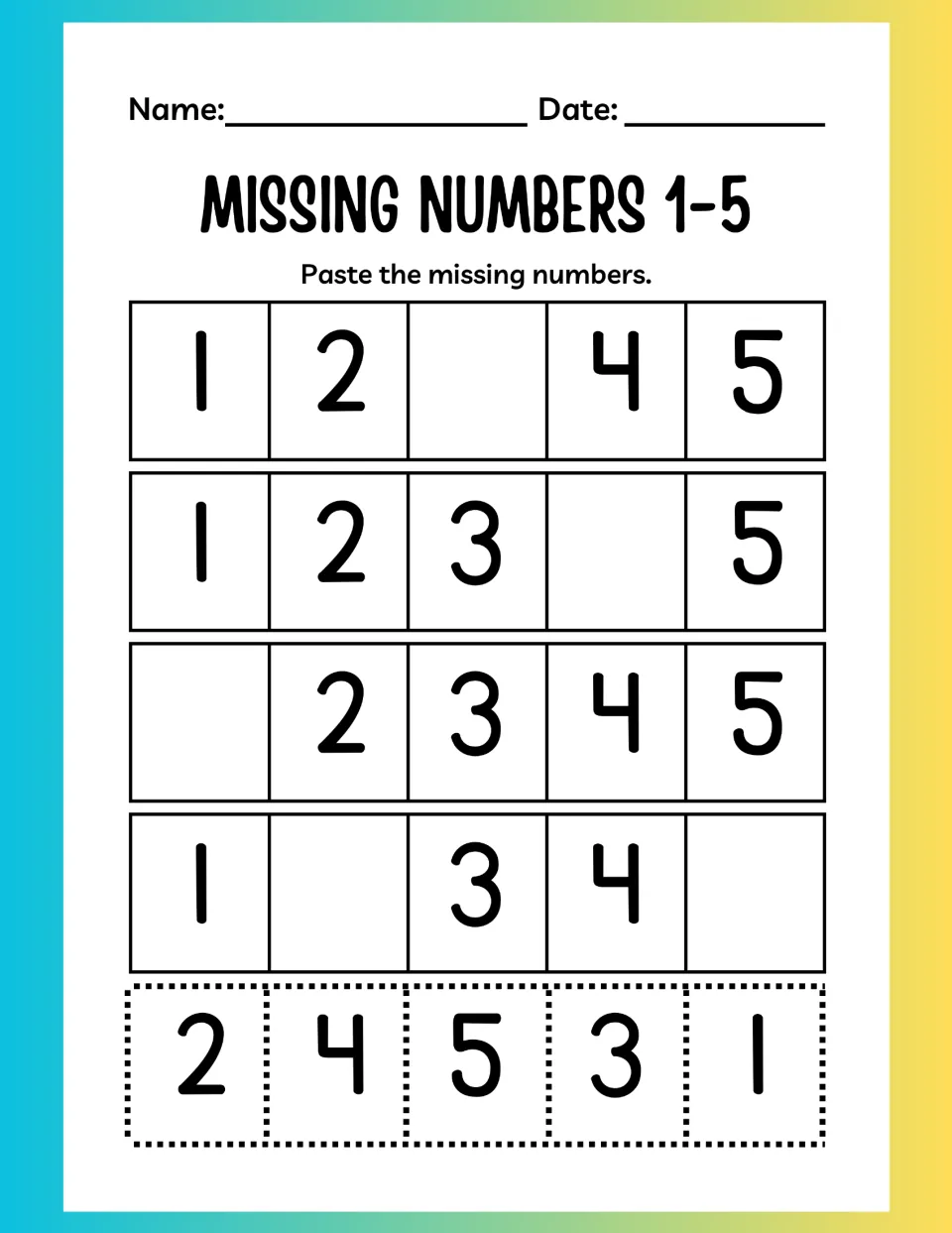 Missing numbers 1-5: students cut out number tiles and paste each one into the gap to complete four counting sequences