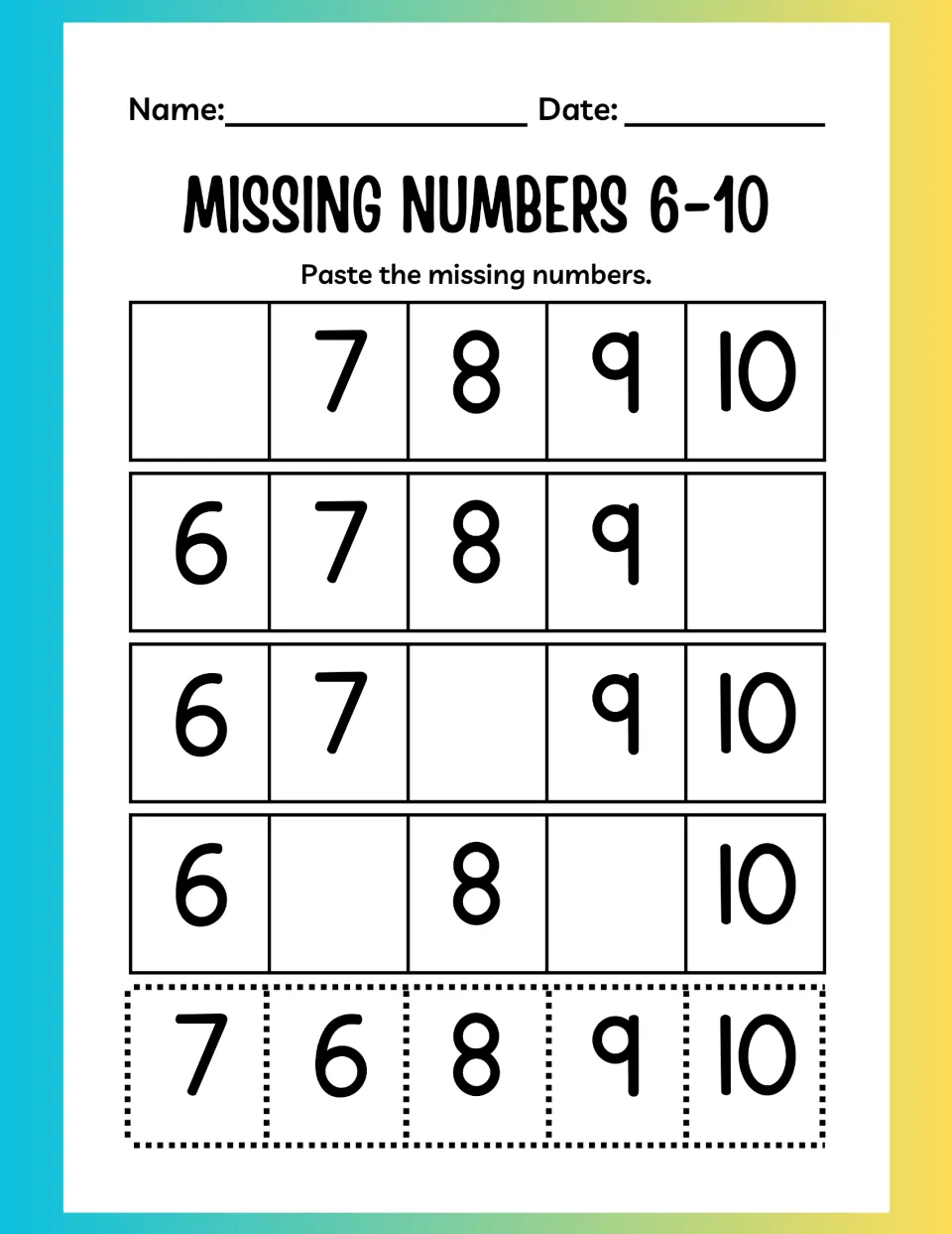 Missing numbers 6-10: students cut out tiles 6 to 10 and paste them into the gaps to finish each number sequence