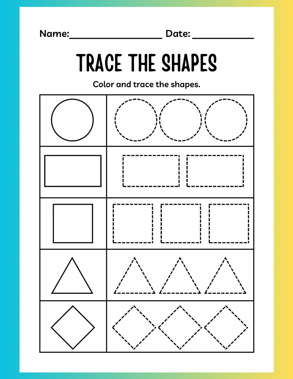 Shape tracing: students color and trace dashed circles, rectangles, squares, triangles and diamonds next to each model