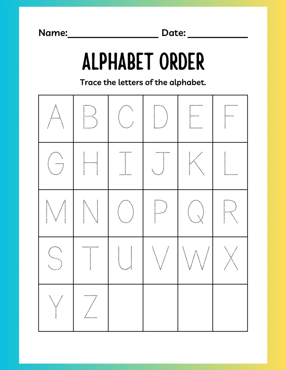 Alphabet order: students trace dotted capital letters A to Z in sequence to practise uppercase letter formation