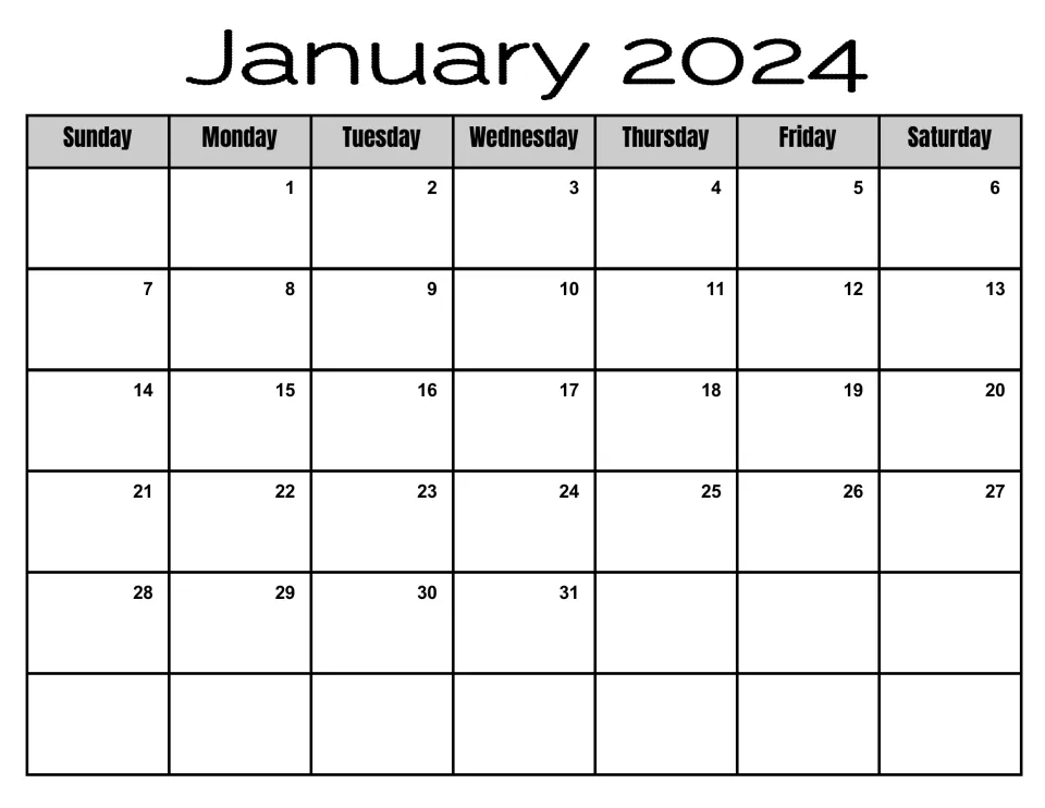 January 2024 monthly calendar, Sunday to Saturday, starting Monday the 1st and ending Wednesday the 31st, open for notes