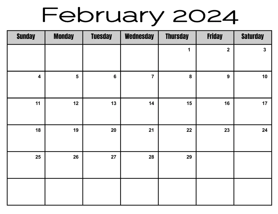 February 2024 monthly calendar, Sunday to Saturday, beginning Thursday the 1st and running through leap day, the 29th