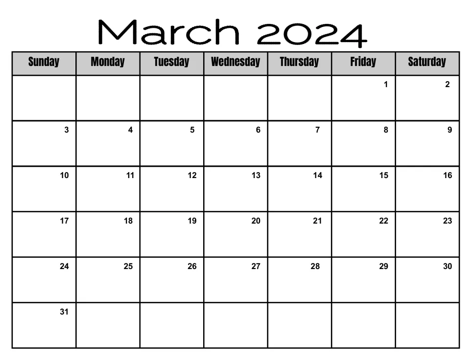 March 2024 monthly calendar, Sunday to Saturday, beginning Friday the 1st with Sunday the 31st alone in a sixth week