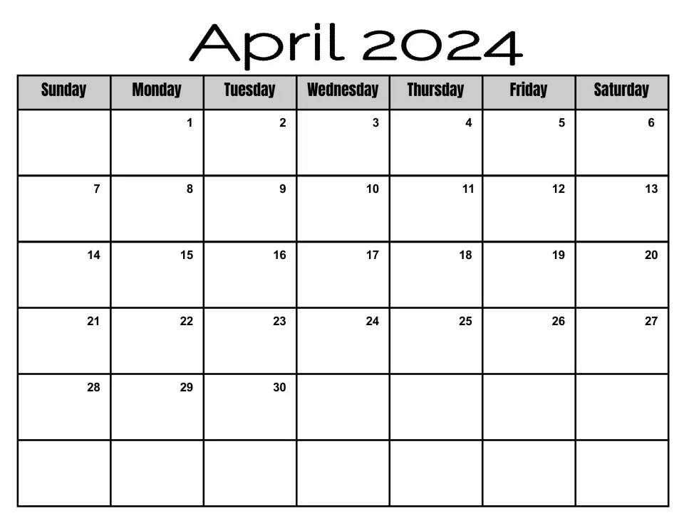 April 2024 monthly calendar, Sunday to Saturday, opening on Monday the 1st and closing on Tuesday the 30th