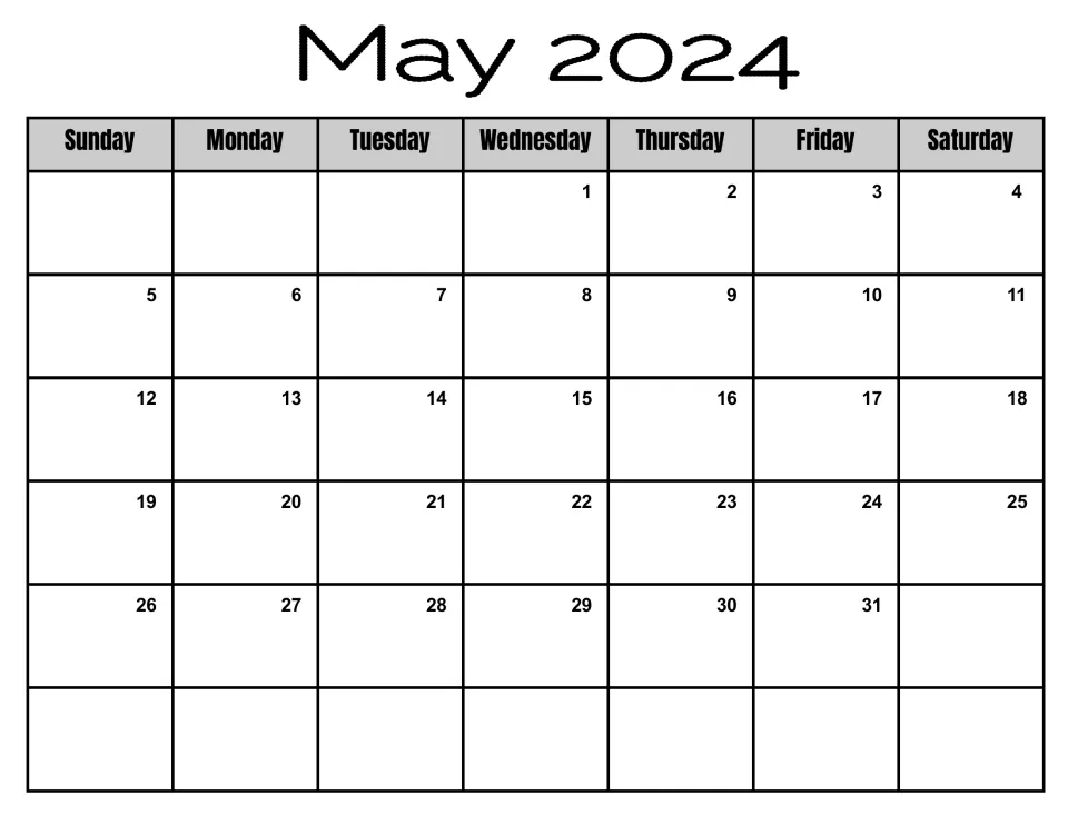 May 2024 monthly calendar, Sunday to Saturday, starting Wednesday the 1st and finishing Friday the 31st, ready to fill in