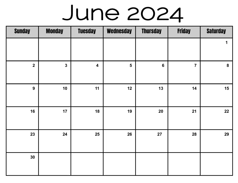 June 2024 monthly calendar, Sunday to Saturday, beginning Saturday the 1st and ending Sunday the 30th in a sixth week
