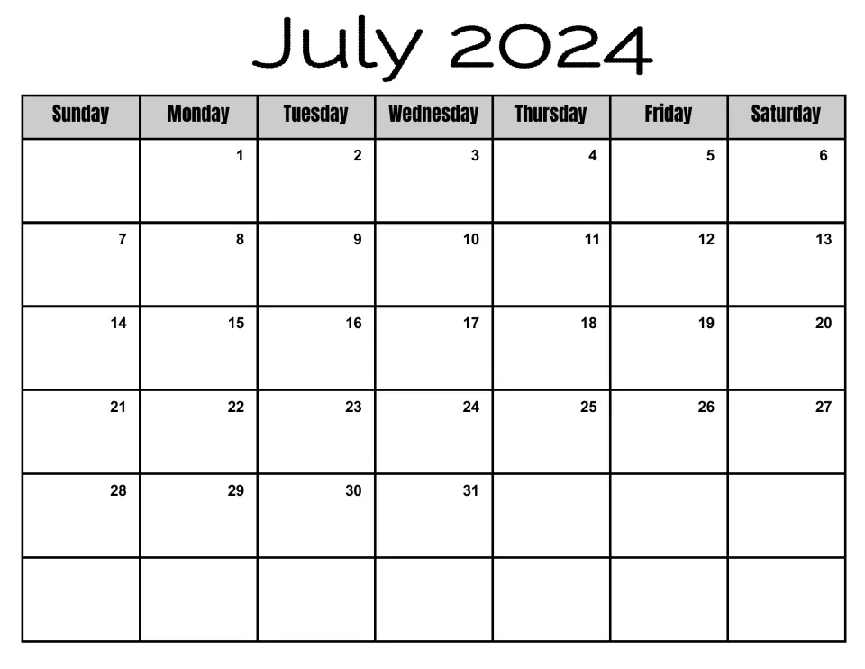 July 2024 monthly calendar, Sunday to Saturday, opening Monday the 1st and ending Wednesday the 31st, with space for notes