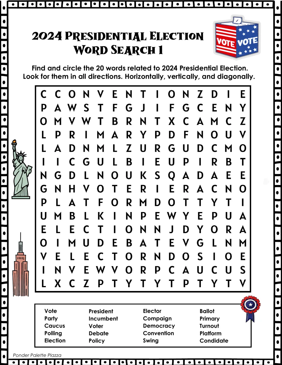 Election word search 1: find 20 words, including vote, president, incumbent, ballot, and democracy.