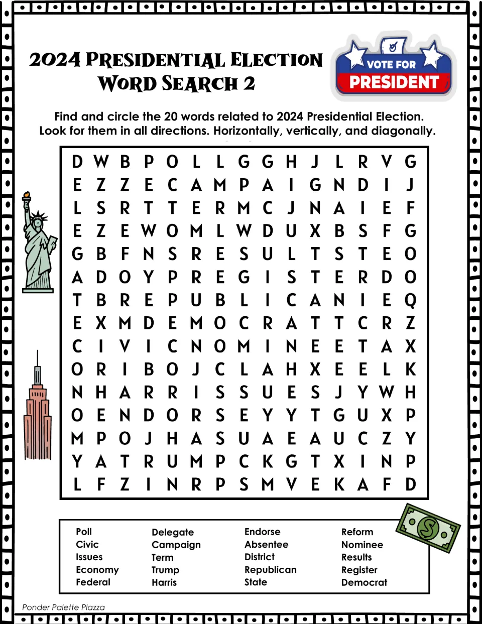 Election word search 2: find 20 words, including Trump, Harris, Republican, Democrat, and absentee.