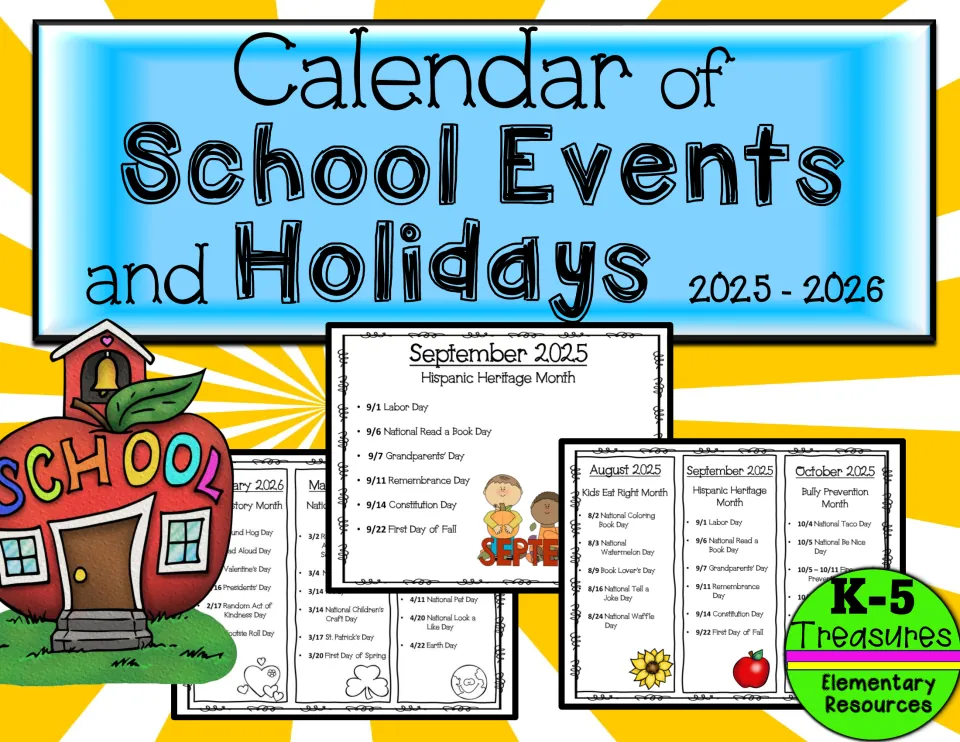 Calendar of School Events and Holidays 2025-2026 cover showing sample monthly event lists in color, with a school apple
