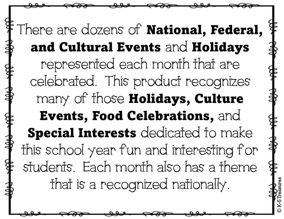 Introduction: monthly National, Federal and Cultural Events, Food Celebrations and Special Interests, each with a theme