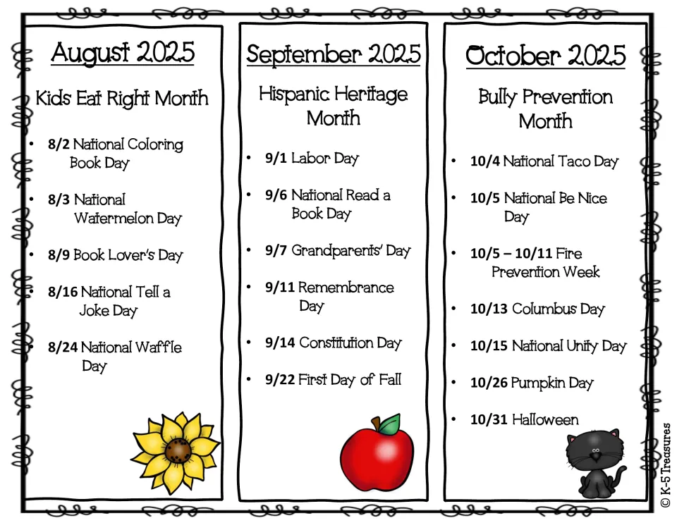 August to October 2025 events: Kids Eat Right, Hispanic Heritage and Bully Prevention Months, from Labor Day to Halloween