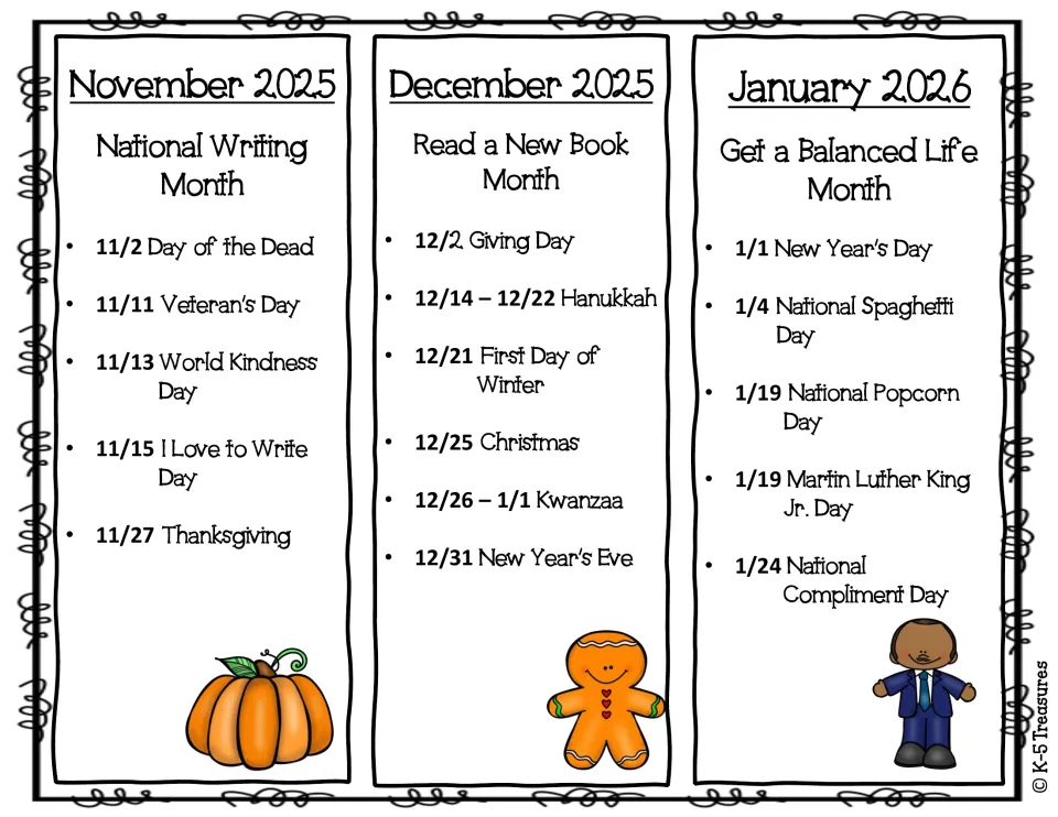 November 2025 to January 2026 events: Writing, Read a New Book and Balanced Life Months, with Thanksgiving and MLK Jr. Day