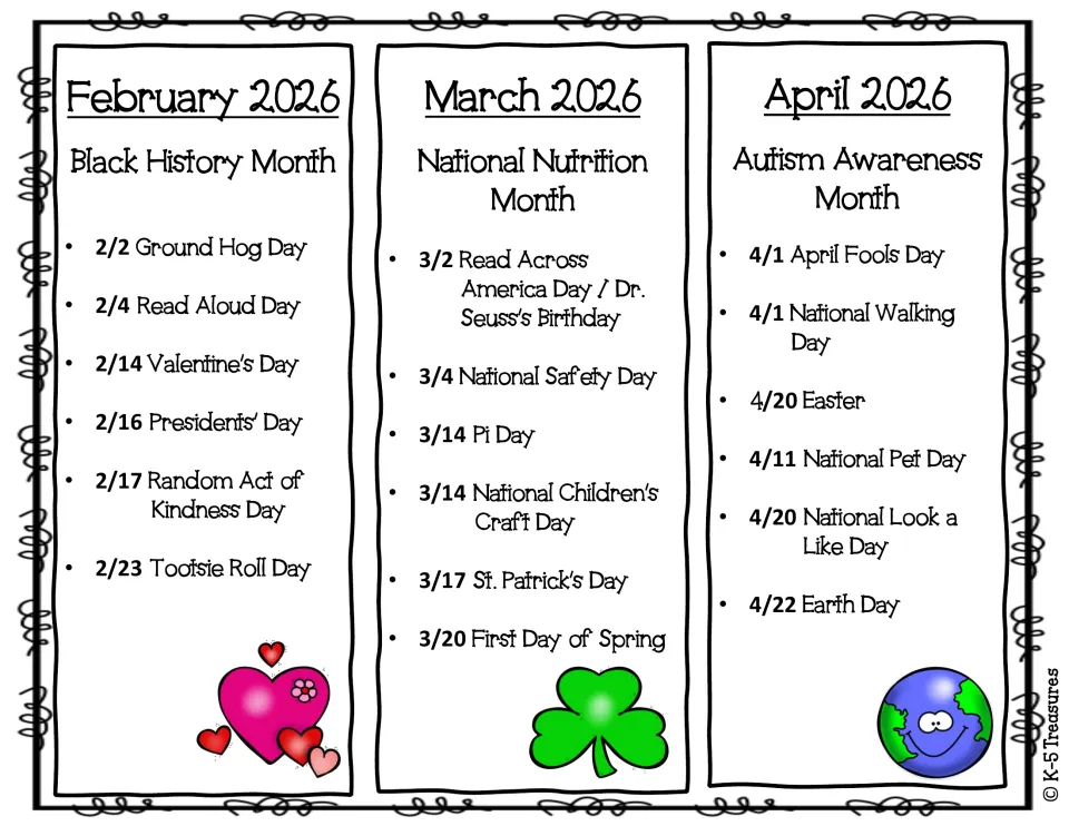 February to April 2026 events: Black History, Nutrition and Autism Awareness Months, plus Pi Day, Earth Day and more