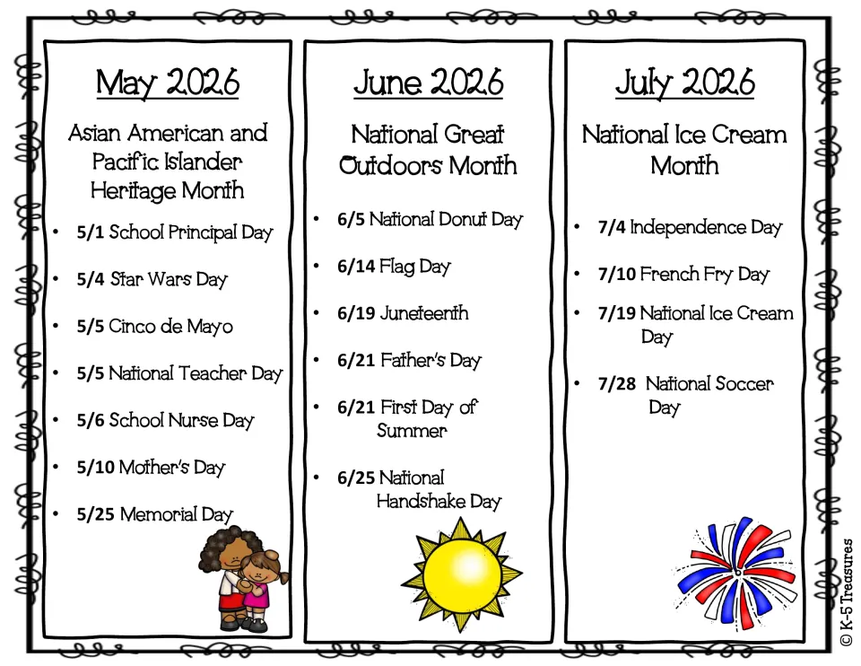 May to July 2026 events: AAPI Heritage, Great Outdoors and Ice Cream Months, from Teacher Day to Juneteenth and July 4