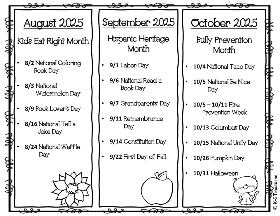 Black-and-white August to October 2025 list: Kids Eat Right Month, Constitution Day, Fire Prevention Week, Halloween