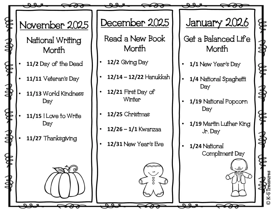 Black-and-white November 2025 to January 2026 list: World Kindness Day, Hanukkah, Kwanzaa, National Compliment Day