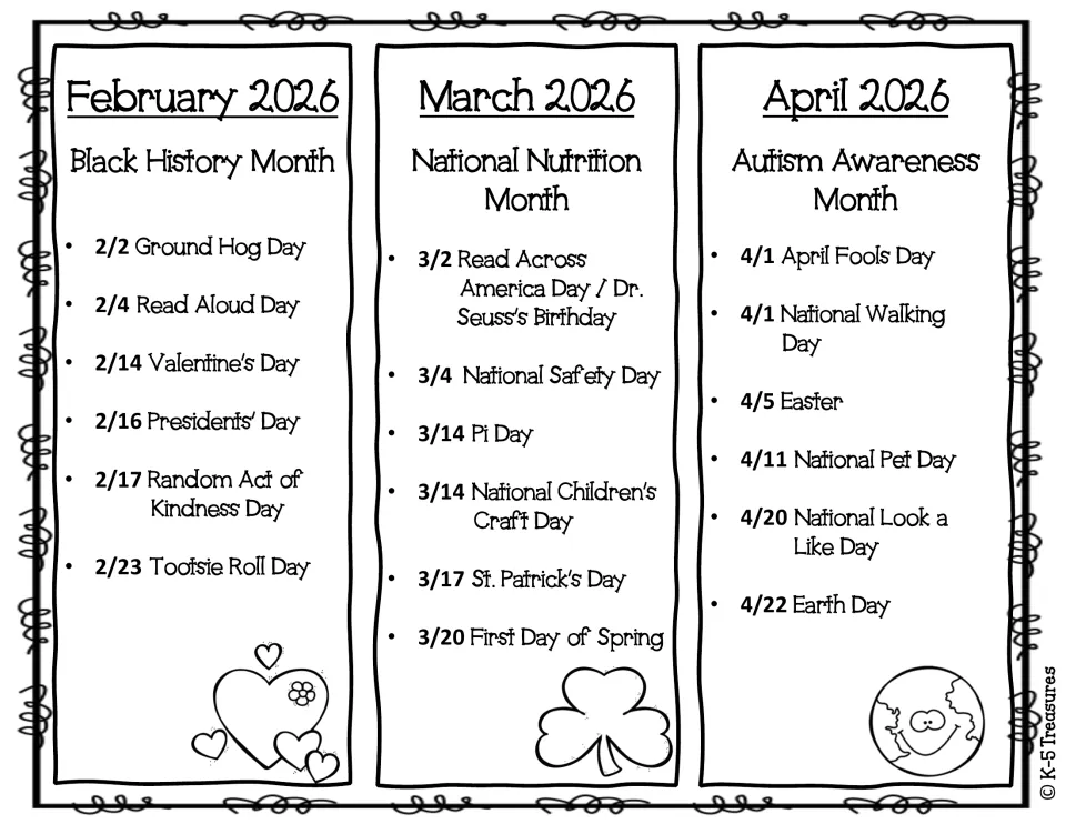 Black-and-white February to April 2026 list: Read Aloud Day, Read Across America Day, St. Patrick's Day, Earth Day