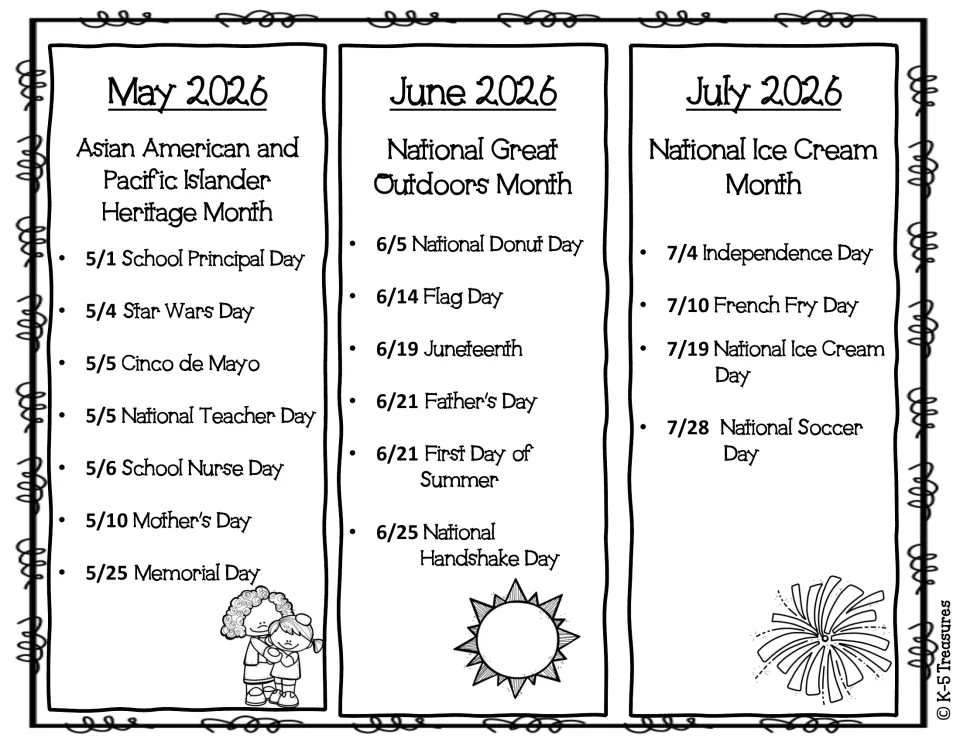Black-and-white May to July 2026 list: School Nurse Day, Memorial Day, Flag Day, Father's Day, National Soccer Day