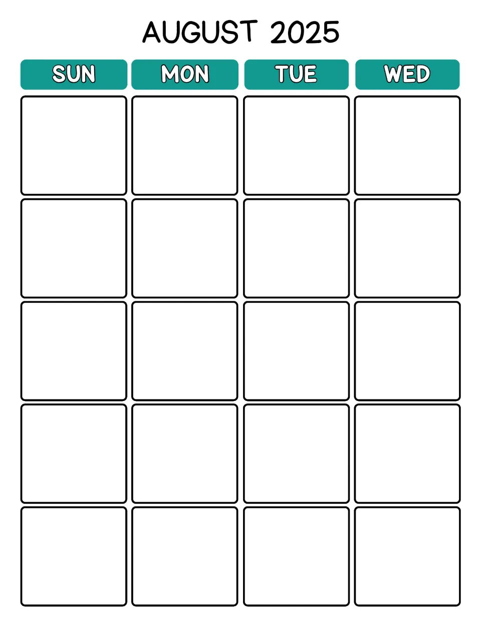 August 2025 monthly calendar, first half: blank Sunday through Wednesday days for teachers to write in dates and plans