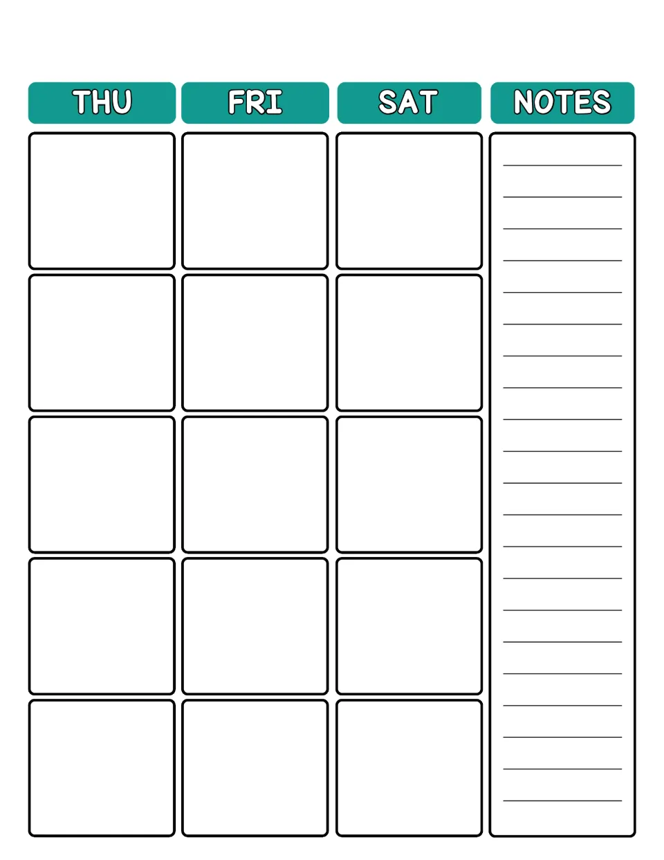 August 2025 calendar continued: blank Thursday, Friday and Saturday days plus a Notes section for teacher reminders