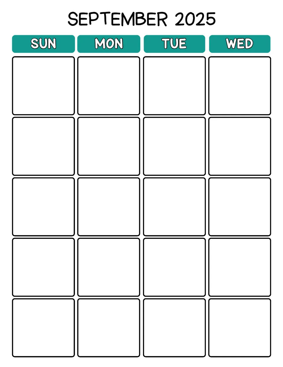 September 2025 monthly calendar, first half: blank Sunday through Wednesday days for recording lessons and events