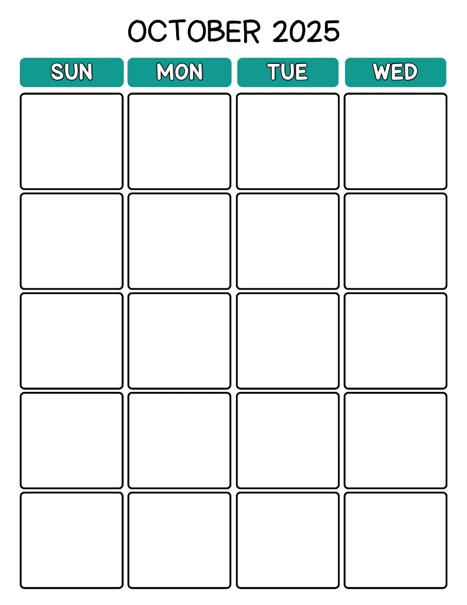 October 2025 monthly calendar, first half: blank Sunday through Wednesday days for scheduling October activities
