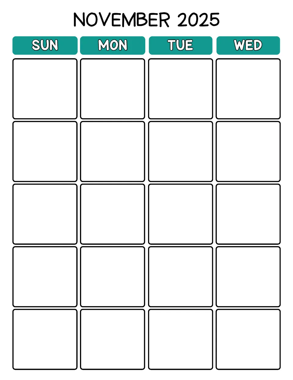 November 2025 monthly calendar, first half: blank Sunday through Wednesday days for planning November school dates