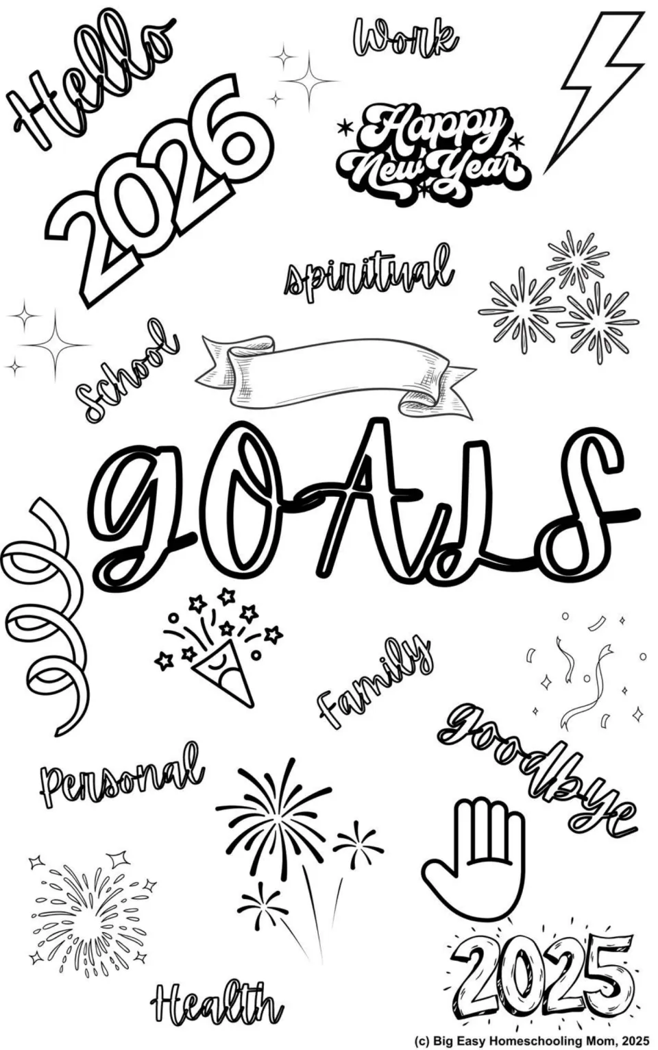 Goals coloring cover: bubble-letter GOALS, Hello 2026, Happy New Year and goal areas like school, family and health