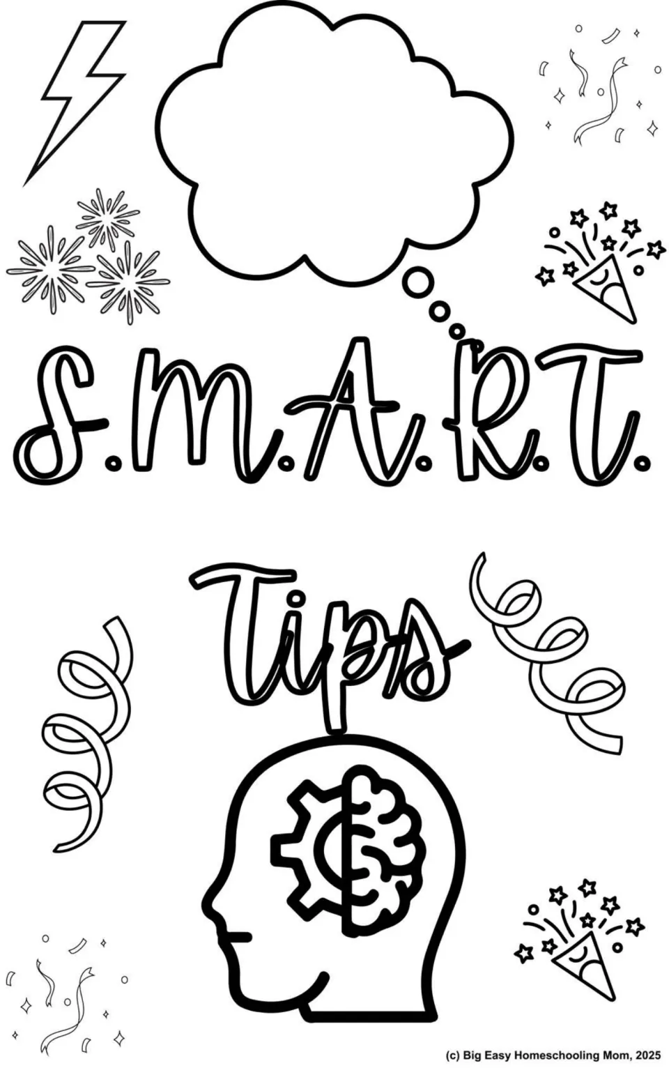S.M.A.R.T. Tips section opener to color: outlined lettering, a thought cloud and a head showing a brain and gear