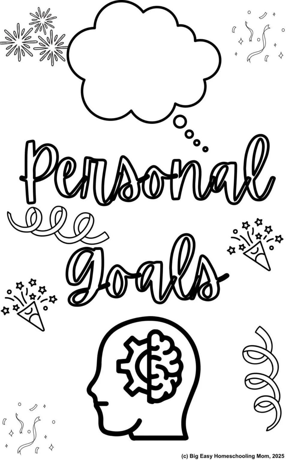 Personal Goals section opener to color, with outlined lettering, an empty thought cloud, party poppers and streamers