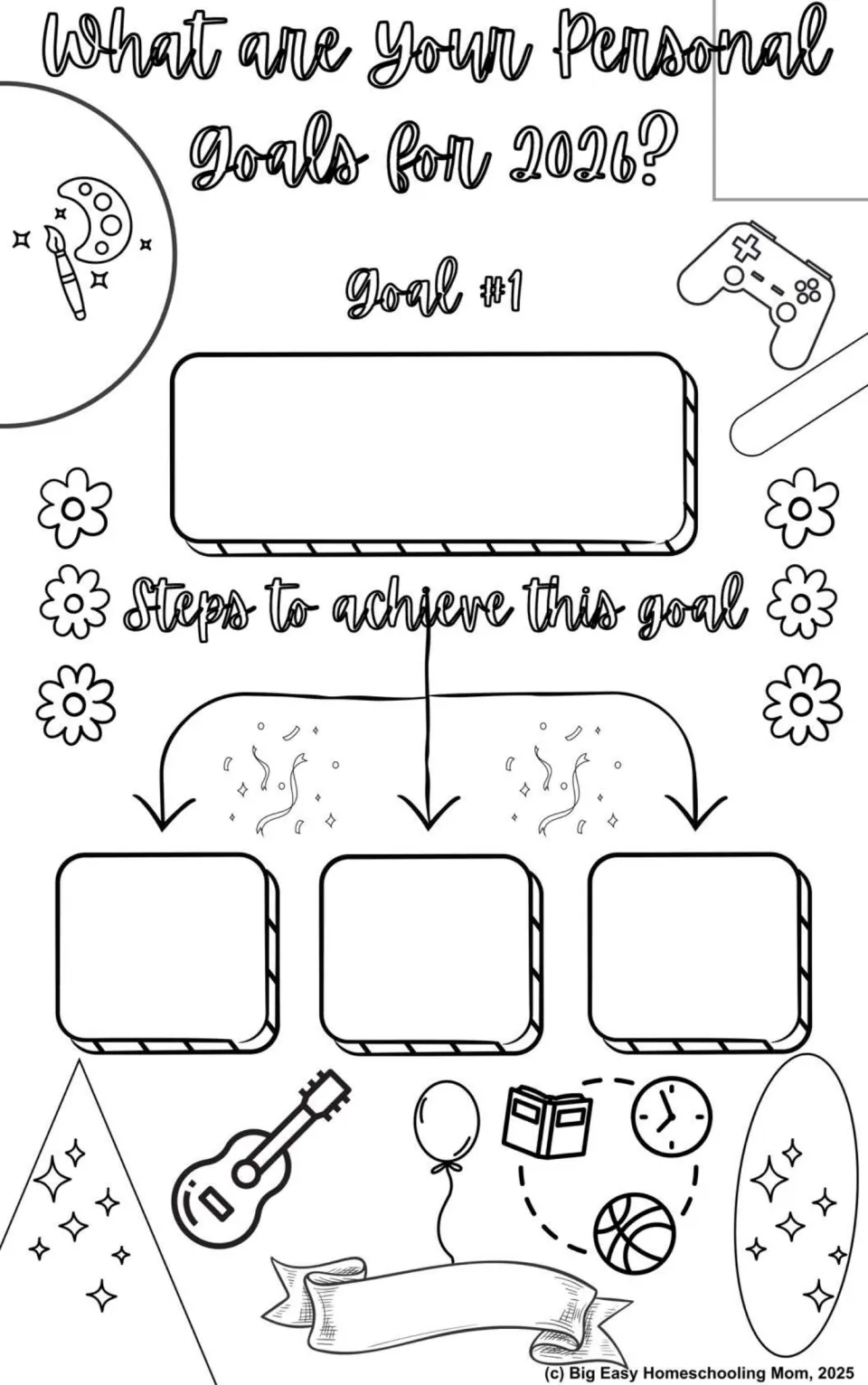 Personal goals for 2026, Goal #1: students write one goal, then three steps to achieve it, with hobby doodles to color