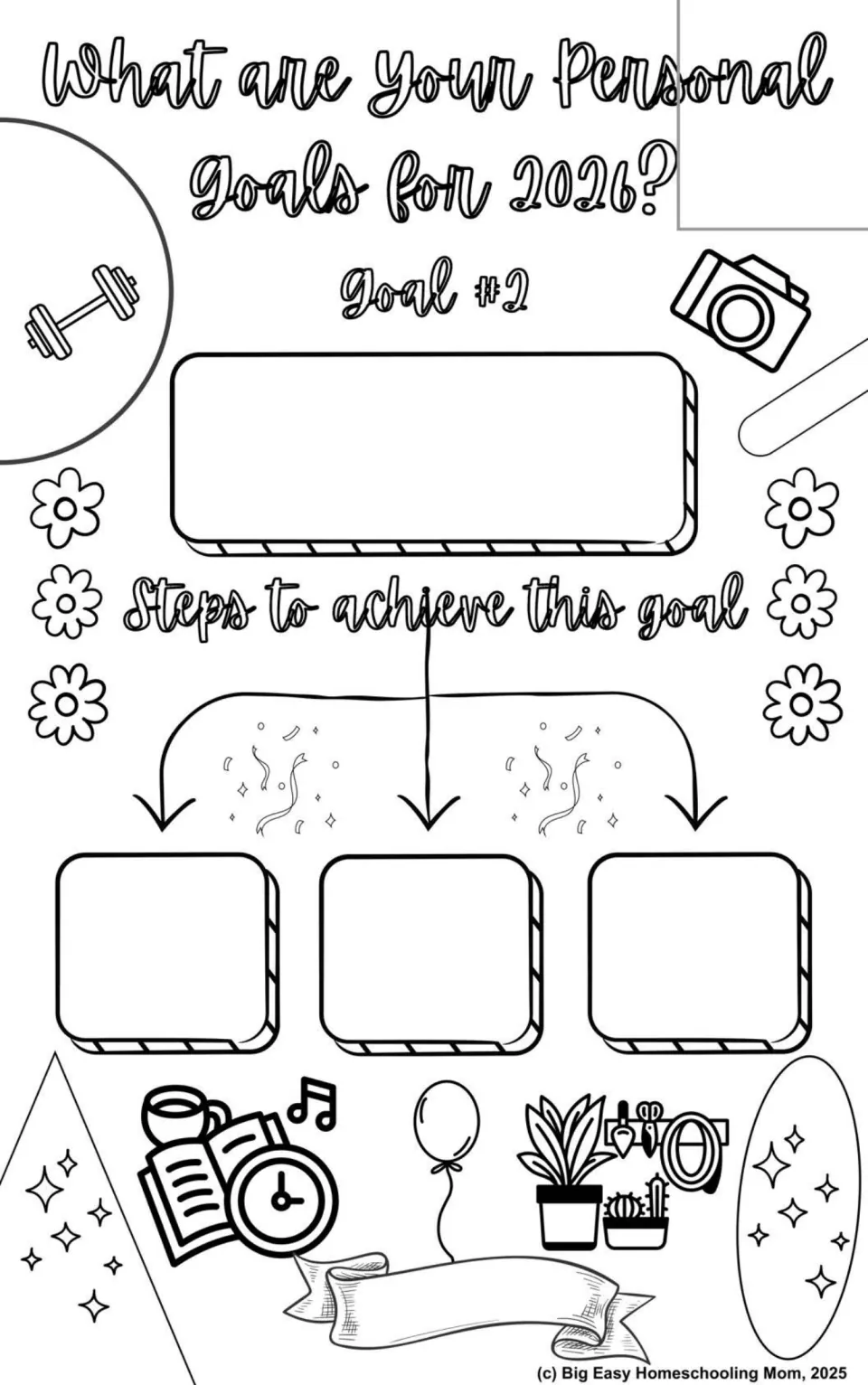 Personal goals for 2026, Goal #2: students name a second goal and break it into three steps, with doodles to color