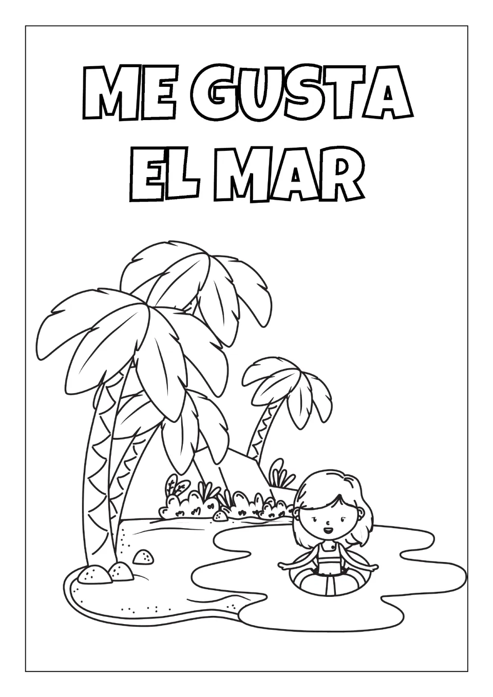 Me Gusta el Mar colouring page: students colour a girl floating in a swim ring beside an island with palm trees and plants