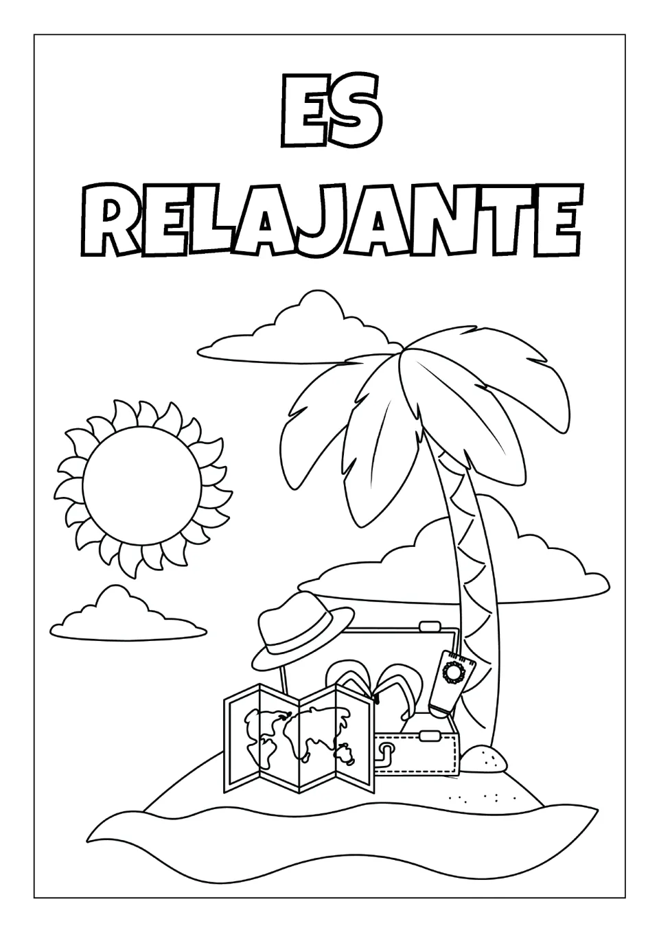 Es Relajante colouring page: students colour an island scene with a palm tree, sun, open suitcase, hat, flip-flops and map
