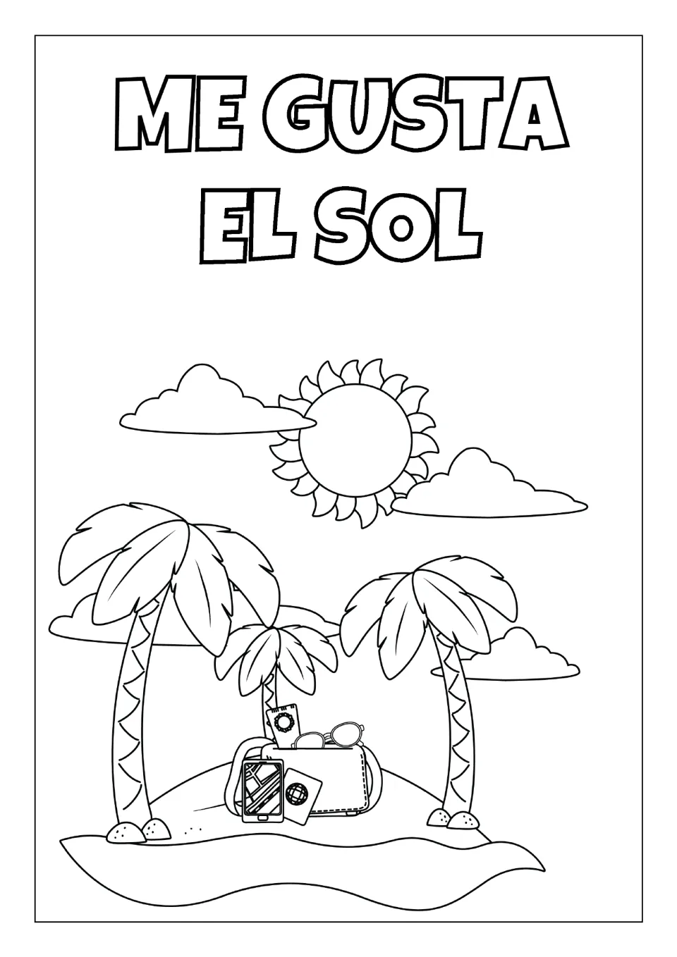 Me Gusta el Sol colouring page: students colour a big sun over three palm trees and a travel bag with passport and glasses