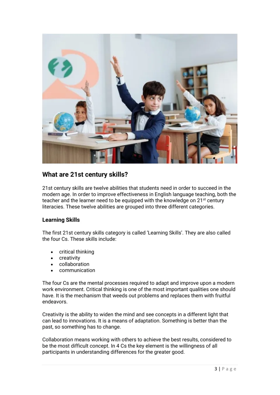 Learning skills section introduces the four Cs: critical thinking, creativity, collaboration, and communication