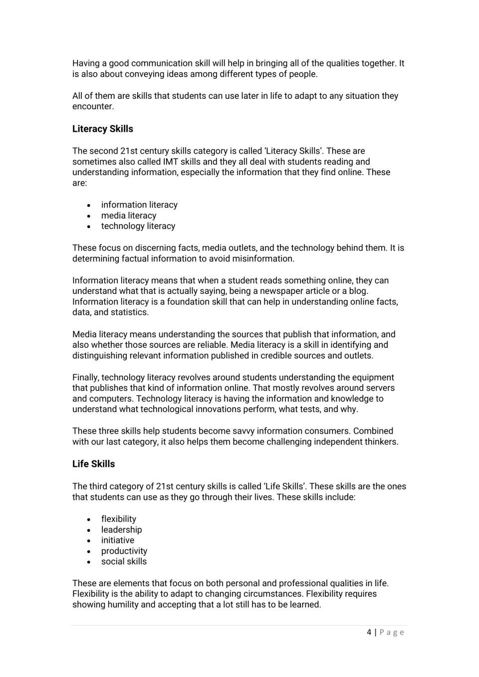 Literacy and life skills sections explain information, media, and technology literacy and introduce five life skills