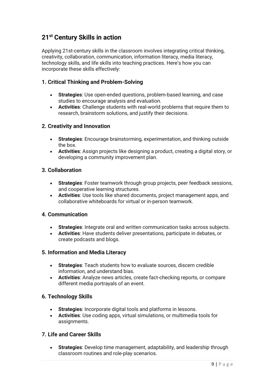 Skills in action section pairs teaching strategies with activities for thinking, creativity, teamwork, and literacy