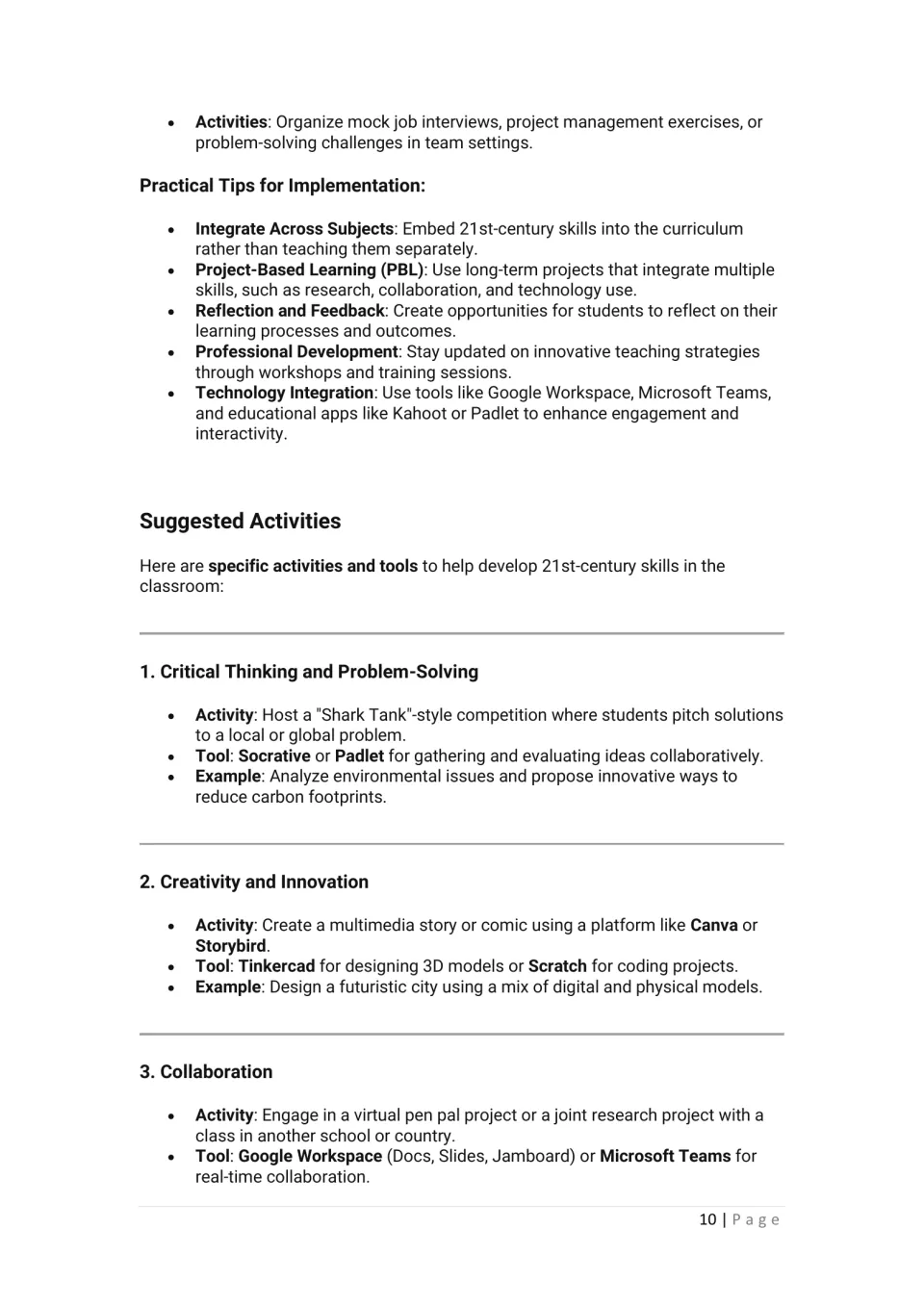 Implementation tips lead into suggested activities: solution pitches, multimedia stories, and collaborative projects