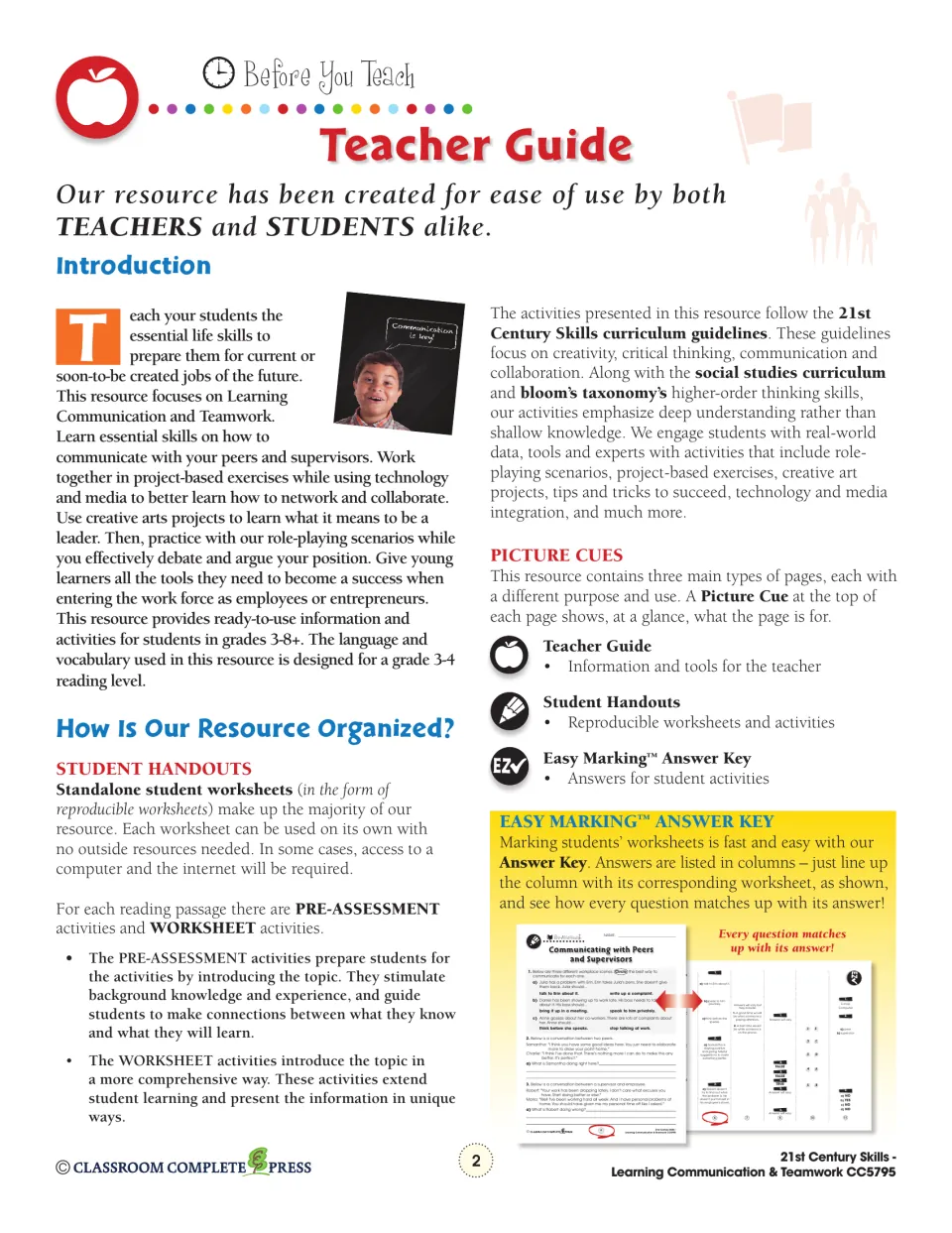 Teacher guide introduction: explains the student handouts, pre-assessments, picture cues and Easy Marking answer key