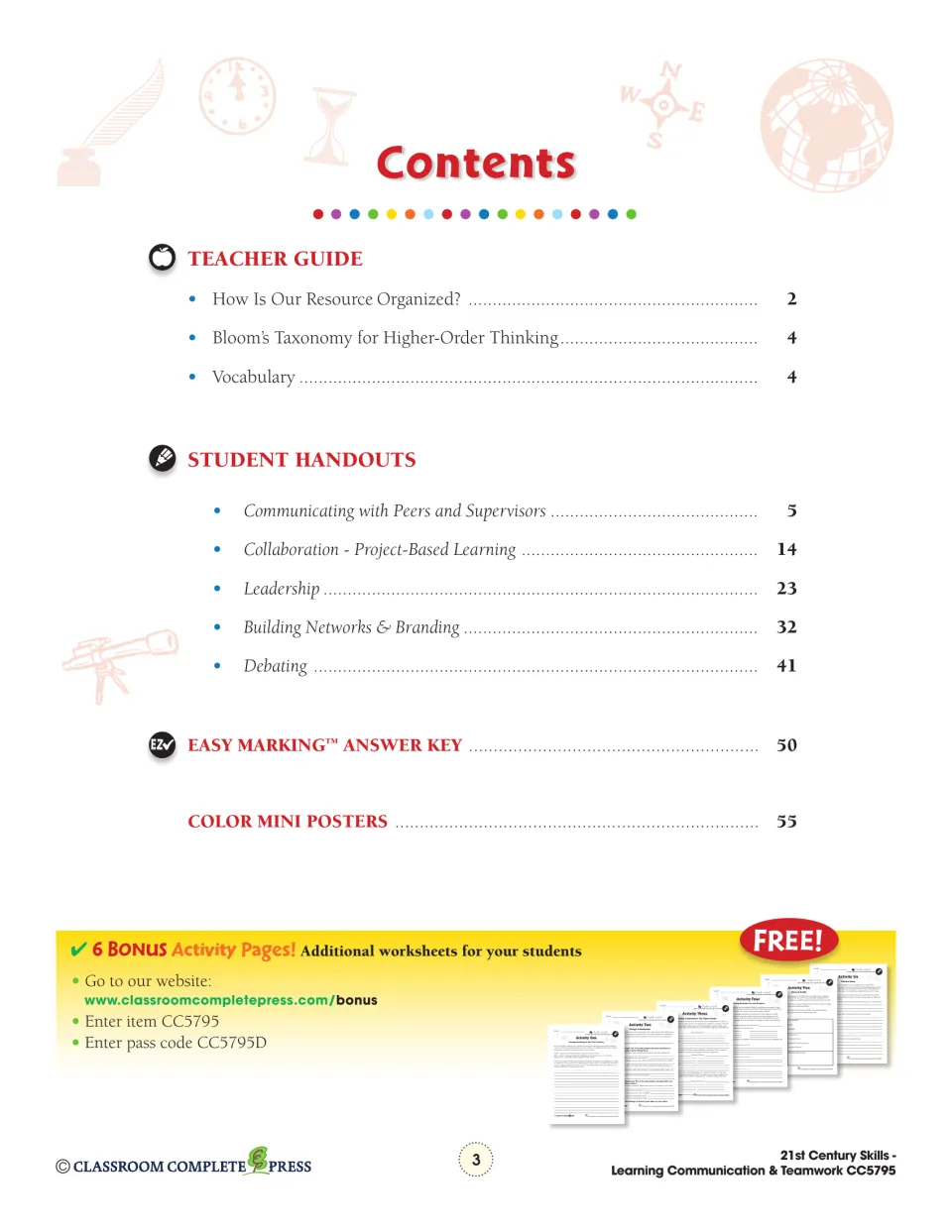 Contents listing teacher guide pages, five handout units from communicating to debating, answer key and color mini posters