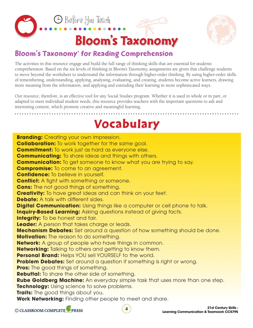 Bloom's Taxonomy overview and vocabulary list defining terms such as collaboration, compromise, networking and rebuttal