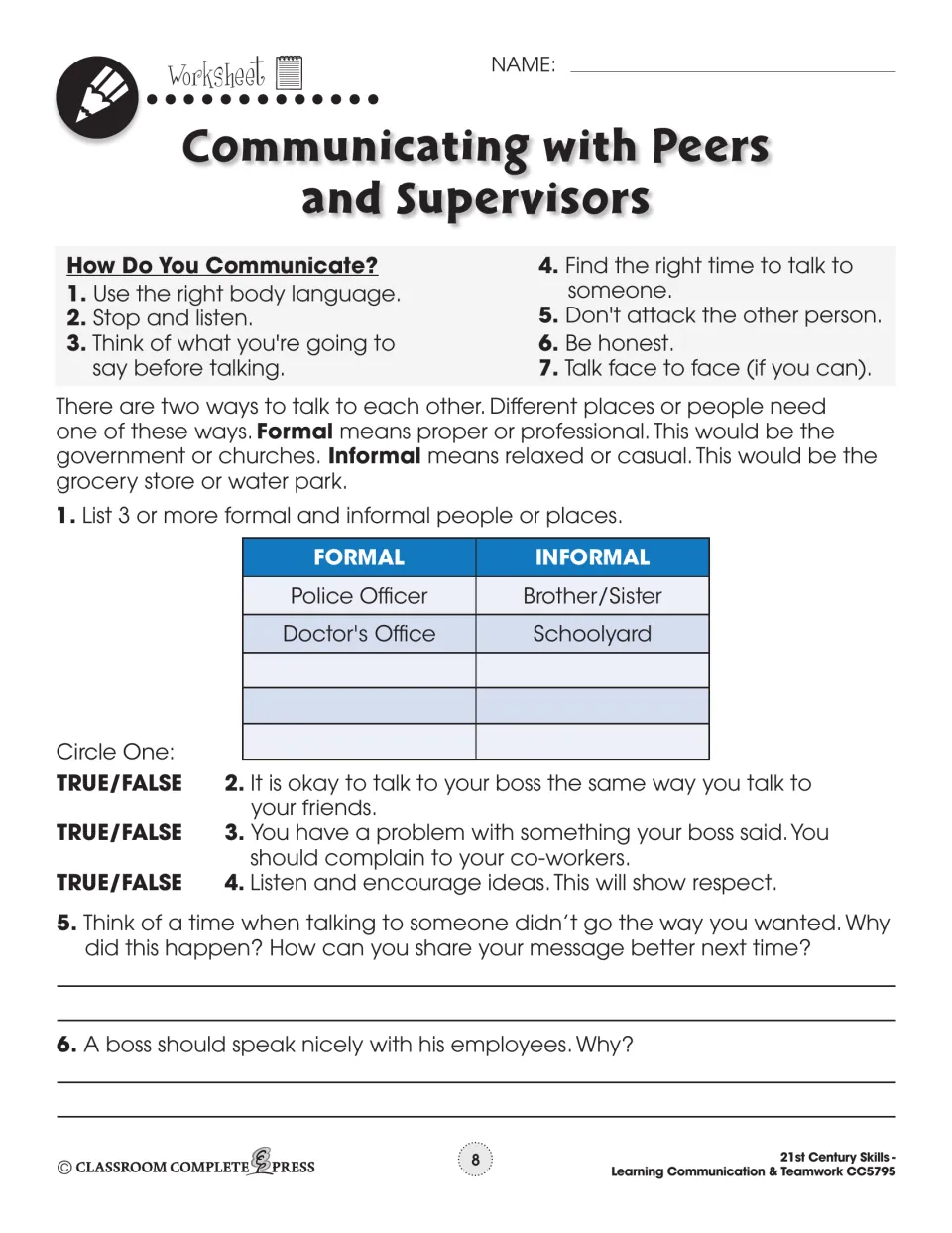 Formal vs. informal talk: students list people and places, answer true/false items and reflect on a conversation