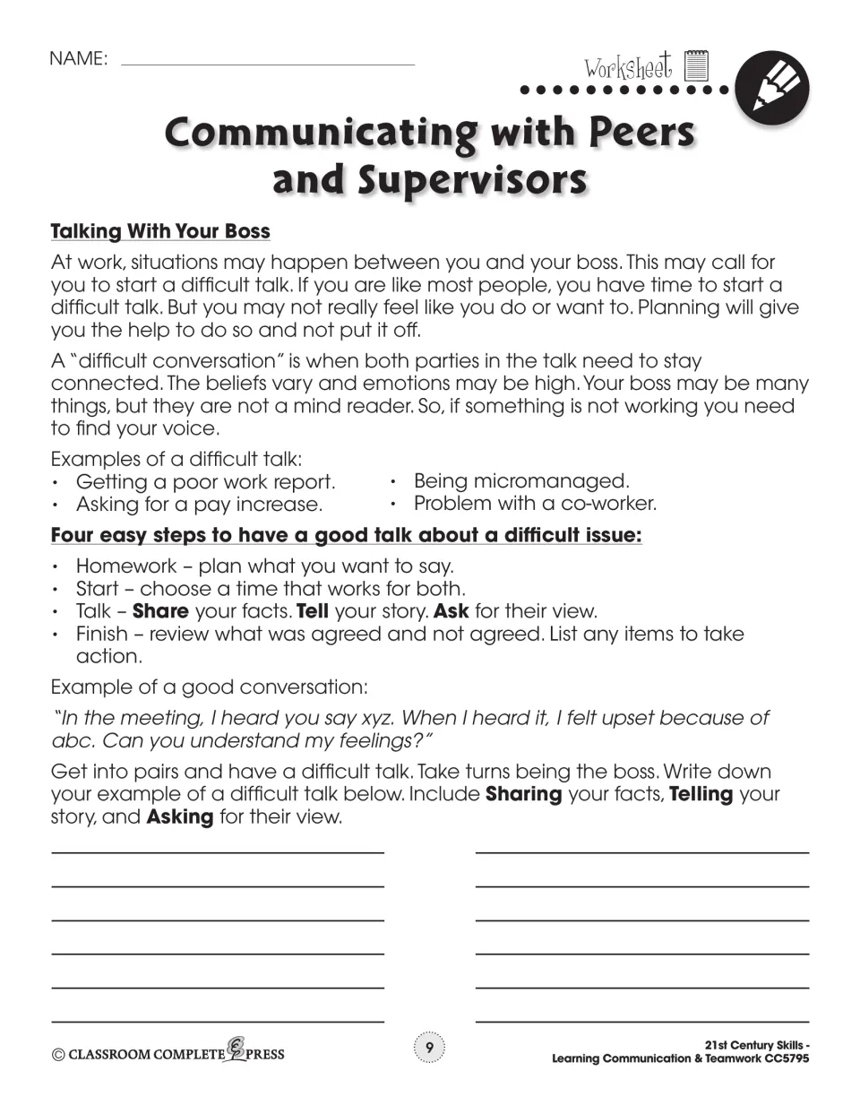 Talking with your boss: four steps for a difficult conversation, then pairs role-play one and write down their example