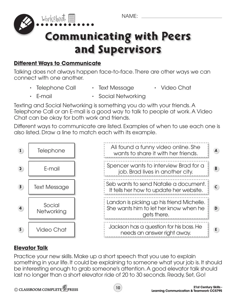 Different ways to communicate: students match telephone, e-mail, text, social networking and video chat to examples