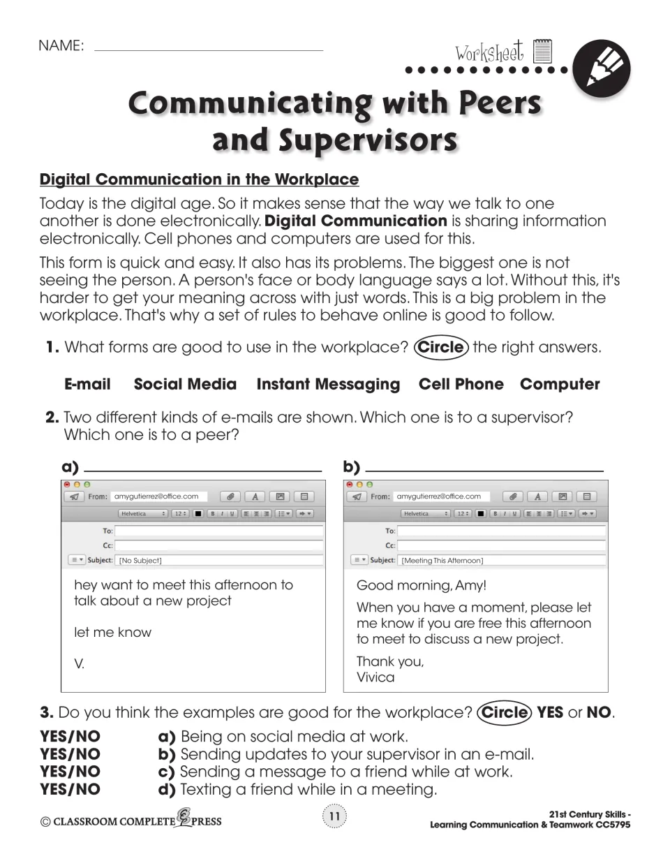 Digital communication at work: students circle suitable tools, compare a casual and a formal e-mail and judge YES/NO cases