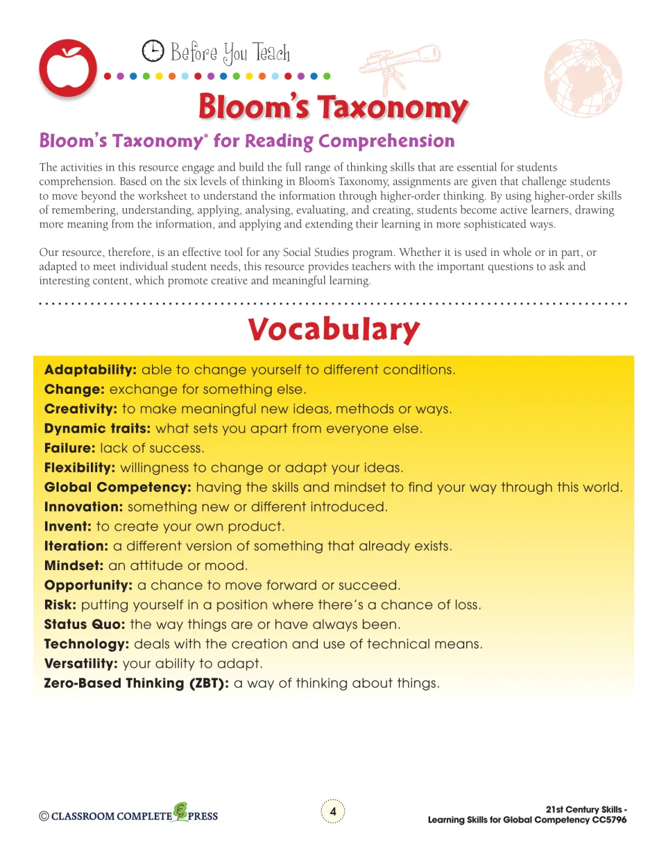 Teacher reference explaining Bloom's Taxonomy and defining 17 terms, including adaptability and iteration